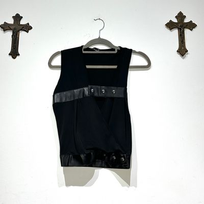 Avant Garde Black Sleeveless Top With Leather Accents